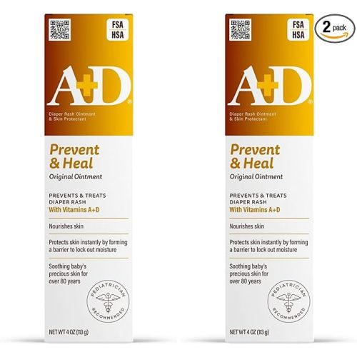 A+D Original Diaper Rash Ointment Prevents & Treats Diaper Rash, Moisturizing Skin Protectant with Vitamins A & D, Healing Ointment for Dry and Cracked Skin 4oz (Pack of 2)
