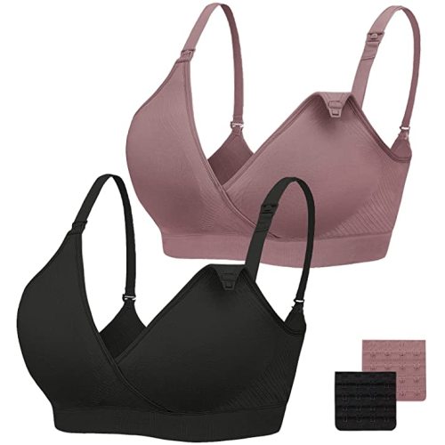 Angelhood Nursing Bra Womens Maternity Breastfeeding Bra Seamless Sleep Bra No Underwire with Bra Extenders Pack of 2 - Large - Black&purplebean