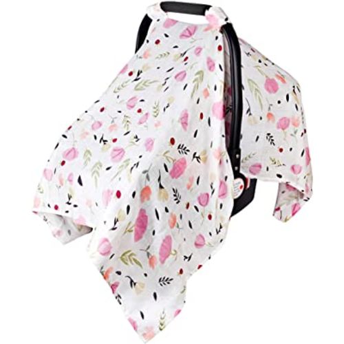 Muslin Baby Car Seat Canopy, Metplus Infant Carseat Cover - Extra Wide Universal Fit, Lightweight Breathable Soft for Babies Girls Shower Gift (Purple Flower)