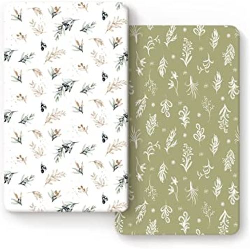 GRSSDER Stretchy Ultra Soft Jersey Knit Fitted Crib Sheets Set 2 Pack, Fits All Standard Crib Mattress Pads Safe and Snug, Stylish Botanical Olive for Baby