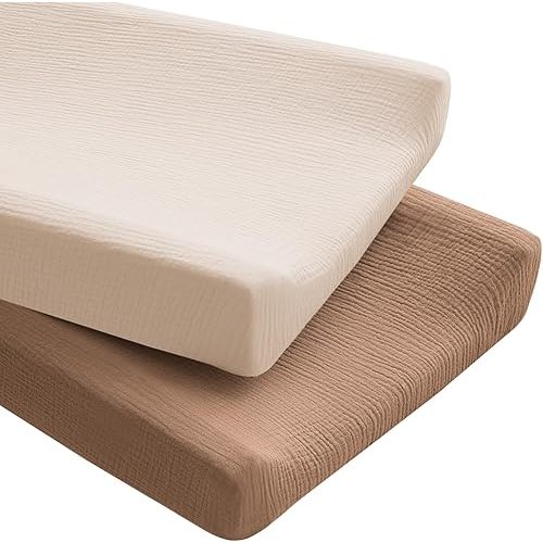 Konssy 2 Pack Muslin Changing Pad Covers for Boys, Ultra Soft & Breathable Cotton Baby Diaper Changing Table Covers, Neutral Nursery Diaper Changing Pad Sheets (Brown,Cream)