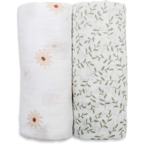 lulujo Boho Swaddle Set, Cotton Muslin Blankets, 2 Pack (Daisies & Greenery)