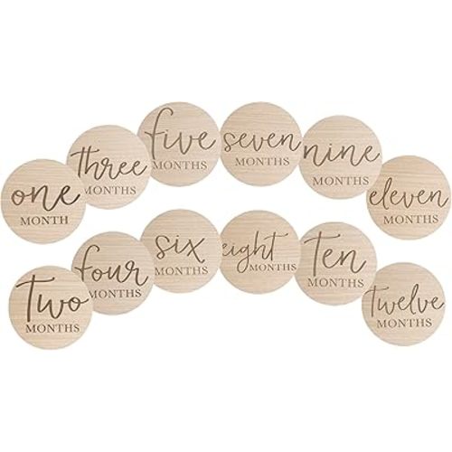 Wooden Milestone Photo Cards - Double-Sided Baby Announcement Discs, Ideal Photo Prop for Monthly Pregnancy Journey and Baby Milestones, 1-12 Months, Light Wood