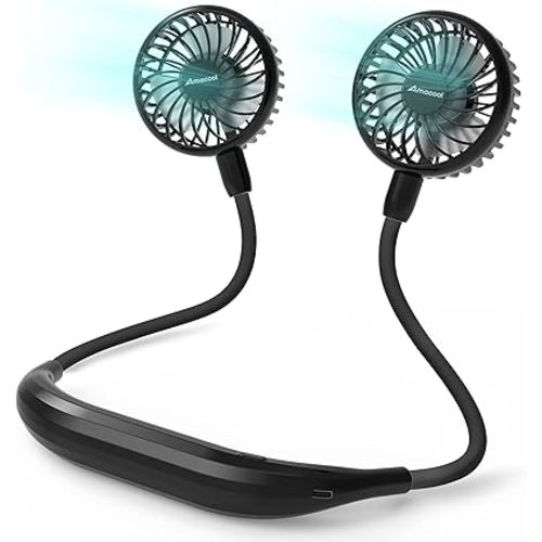 AMACOOL Neck Fan Battery Operated Neckband Fan Hand-Free Wearable Personal Fan for Hot Flashes Home Office Travel Outdoor Sports (Black)