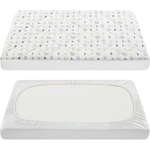 TILLYOU Pack and Play Sheets for Toddler Mattress, Mini Crib Sheets Fitted Up to 3" Deep, Breathable and Soft fit 39"x27", Raindrop