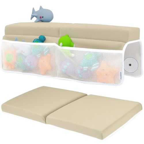 Baby Bath Kneeler and Elbow Rest Pad Set - Baby Bath Support for Knees and Elbows - Bath Kneeler Pad with Memory Foam and Bath Toys Organizer - Ideal Bath Kneeling Pad for Bathing Baby - Beige