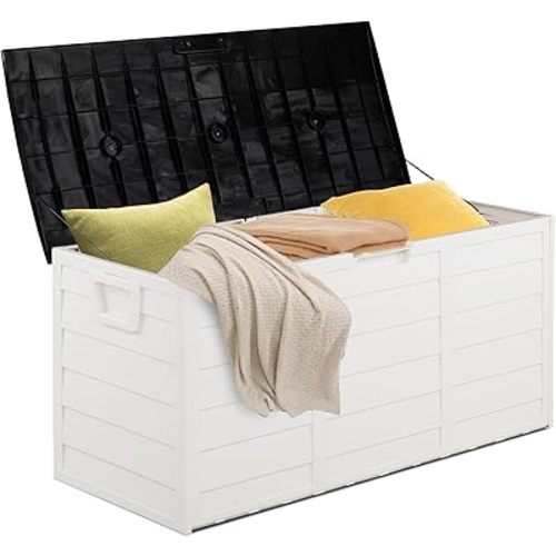 VINGLI Upgraded 75 Gallon Outdoor Storage Box, Lockable Plastic Storage Containers with Lid, Patio Deck Box Furniture for Garden, Pool, Balcony, Yard (White)