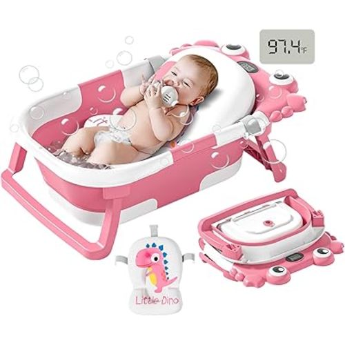 Collapsible Baby Bathtub for Newborns to Toddler with Real-time Temp Monitor & Floating Cushion,Portable Travel Tub for 0-36 Month, Foldable Baby Bath Tub for Infants Girl (Pink)