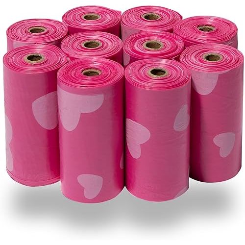 Baby Poop Bags (150 Bags) for Waste Refuse Cleanup, Travel, Leak Proof and Tear Resistant, Thick Plastic - Pink Heart