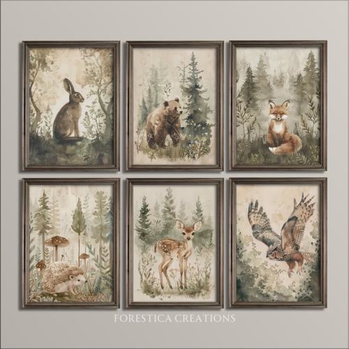 Set of 6 Nursery Prints | Forest Animals Gallery Wall Set, Cottagecore Wall Art, Watercolor Drawing Aesthetic, Baby Room Wall Art