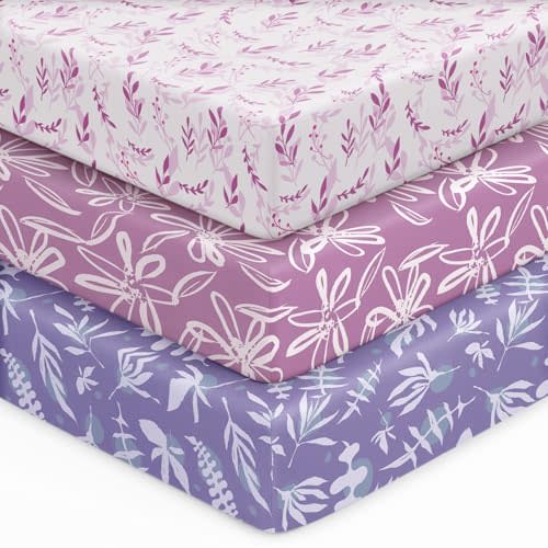 Unnivoll Baby Crib Sheets for Boys Girls, 28x52x8in Fitted Crib Sheet Neutral 3 Pack for Standard Crib and Toddler Mattress, Breathable Soft Microfiber Baby Sheet Purple Leaf