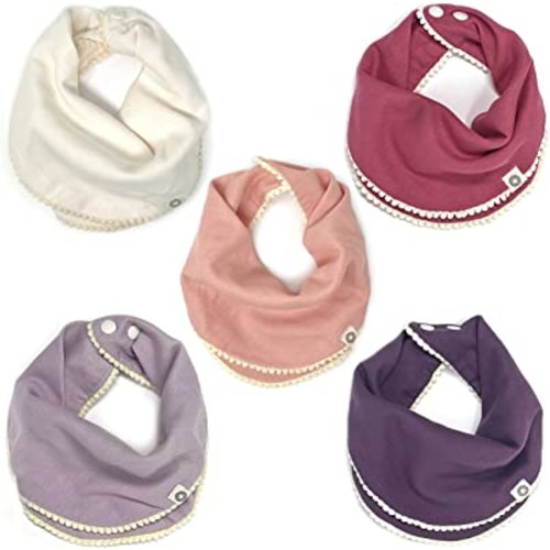 Kishu Baby Indi - GOTS Organic Pom Pom Bibs for Girls - Set of 5 Super Soft Muslin Baby Drool Bibs with Snaps