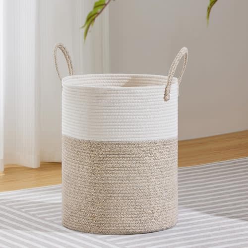 VIPOSCO Large Laundry Hamper, Tall Woven Rope Storage Basket for Blanket, Toys, Dirty Clothes in Living Room, Bathroom, Bedroom - 53L White & Brown