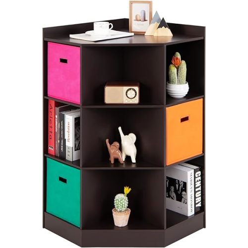 Costzon 9-Cubby Kids Bookcase with Large Storage Bins, Children's Corner Cabinet with 6 Cubes and 3 Shelves, Wooden Toy Organizers and Storage Book Shelves for Playroom Kids Room Nursery (Espresso)