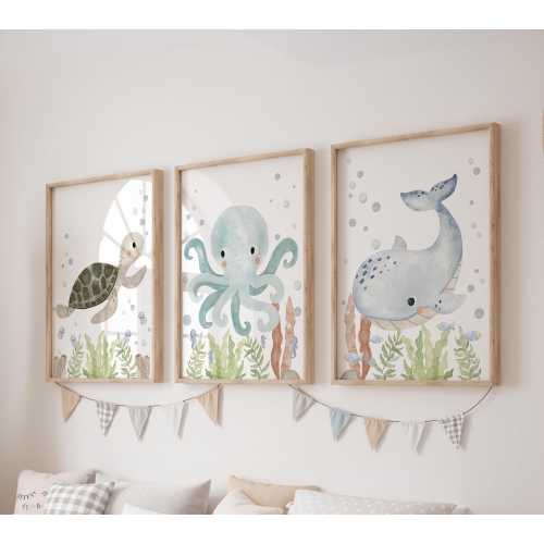 Set of 3 Underwater Prints, Turtle Wall Art Set, Whale Posters, Modern Art, Octopus Kids Bedroom Decor, Boy Nursery Decor, Playroom Prints