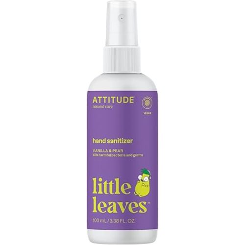 ATTITUDE Kids Hand Sanitizer Spray, EWG Verified, Travel Size, Vanilla Pear Scent, Plant-Based & Vegan, Dermatologist-Tested, 3.5 Fl Oz