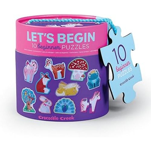 Crocodile Creek Let’s Begin Puzzle - Ten 2-Piece Beginner Puzzles for Ages 2 and Up - Heavy-Duty Storage Canister with Handle - Colorful Unicorns Design - Each Puzzle is 6" L x 4" H Finished