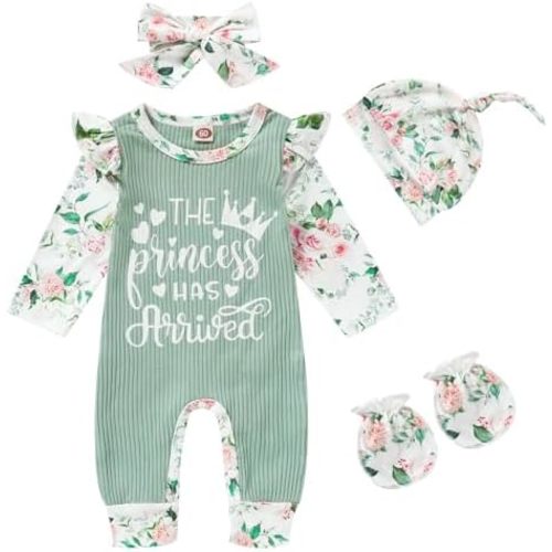 GRNSHTS Newborn Baby Girl Romper Infant Letter Print Jumpsuit Floral Bodysuit+Hat+Headband+Gloves Coming Home Clothes Outfits