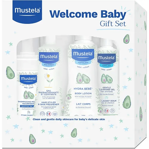 Mustela Welcome Baby Gift Set - Clean & Gentle Skincare & Bath Time Essentials for Baby's Delicate Skin - Natural & Plant Based - 4 Items Set