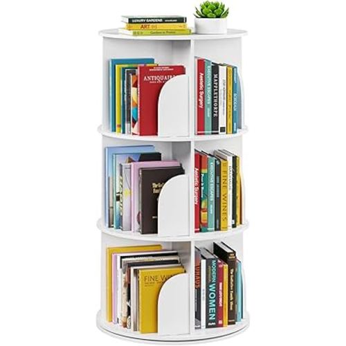SpaceAid 3 Tier Rotating Bookshelf Tower, Spinning Bookcase Lazy Susan, Revolving 360 Book Shelf Storage Round Carousel, Vertical Rotate Turning Spiral Corner Organizer, White