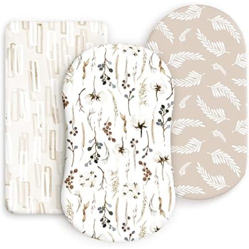 GRSSDER Stretchy Ultra Soft Fitted Bassinet Sheet Set 3 Pack, Universal Fit for Bassinets Baby Cradle Moses Basket Oval Rectangle Mattress Safe and Snug, Stylish Pretty Flora for Baby, Beige