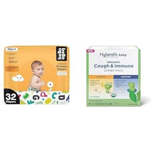Hello Bello Premium Baby Diapers Size 1, 32 Count of Disposable Comfort Fit Diapers - Design: Alphabet Soup + Hyland's Baby - Organic Cough & Immune Day & Night Combo Pack (4 fl oz)
