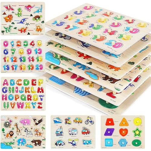 GRINNNIE Wooden Peg Puzzle for Toddlers, 6 Pack Toddler Puzzles Set for 3 4 5 Years Old (Alphabet Number Shape Animal Dinosaur Vehicle), Preschool Education Learning Puzzle Toys for Girls and Boys