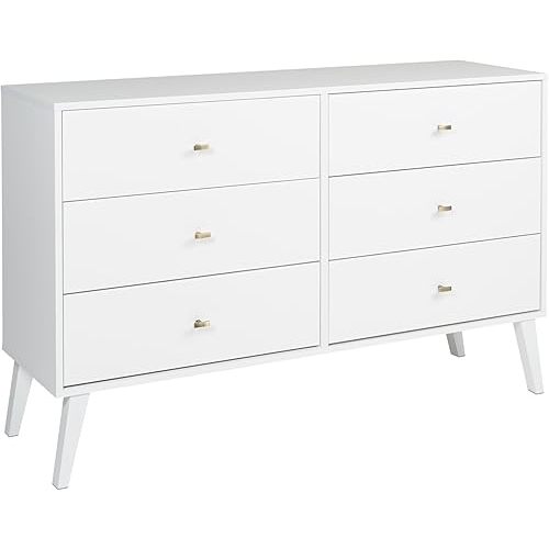 Prepac Milo Mid-Century Modern 6 Drawer Double Dresser for Bedroom, Wide Chest of Drawers, Contemporary Bedroom Furniture, 16" D x 52.50" W x 33" H, White