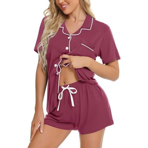SWOMOG Womens Button Down Pajamas Set Short Sleeve Sleepwear Bride Soft Pj Lounge Sets XS-3XL