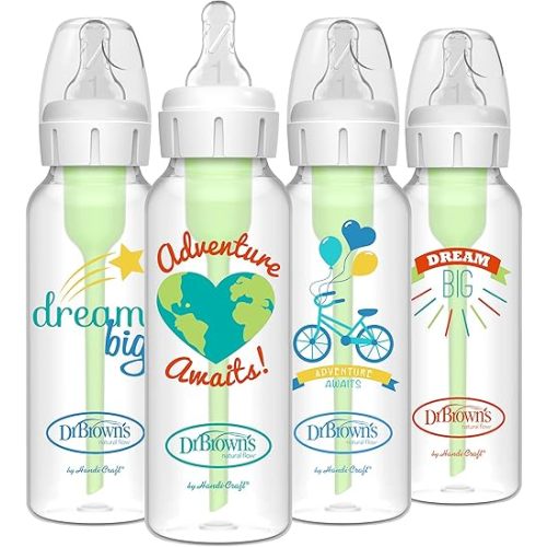 Dr. Brown's Natural Flow Anti-Colic Options+ Narrow Baby Bottle, Dream Adventure, 8 oz/250 mL, with Level 1 Slow Flow Nipple, 0m+, 4 Count (Pack of 1)