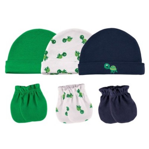 Luvable Friends Baby Boy Cotton Caps and Scratch Mittens 6pk, Turtle, 0-6 Months