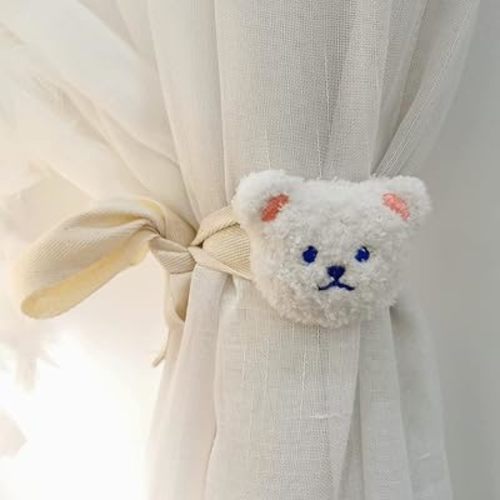 2 Pack Cute Curtain Tiebacks Cartoon Bears Embroidered Animal Shape Bedroom Accessories (White)