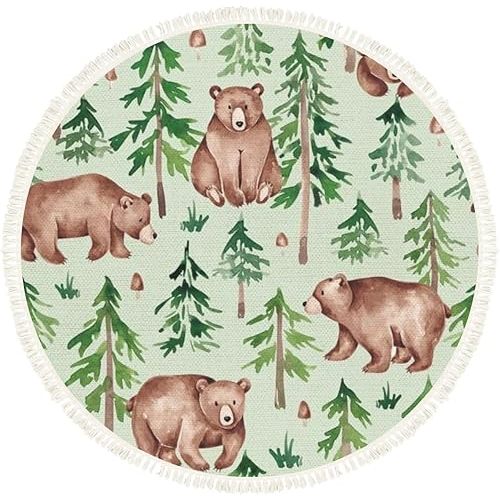 Woodland Animal Rug Round Rugs Forest Seamless Pattern Hand Drawn Watercolor Boho Area Rug Linen and Cotton Carpet Meditation Rug Washable Hallway Runner Mat Accent Rug for Bedroom Nursery 6ft