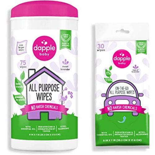 All Purpose Wipes by Dapple Baby, Plant Based & Hypoallergenic Cleaning Wipes, Hint of Lavender, 75 Count Canister + 30 Count (Pack of 1)