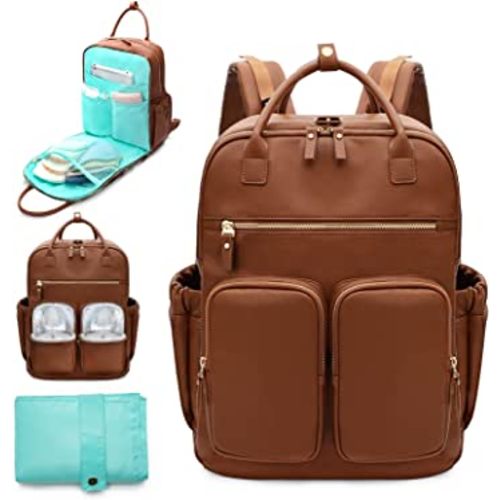 MOMINSIDE Diaper Bag Backpack with 18 Pockets, Leather Baby Bag for Mom Dad, Travel Baby Bag for Girl Boy, Large Wet Pocket, 4 Insulated Pockets, Stroller Straps, Brown