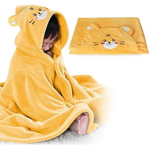 ROMASA Toddler Hooded Bath Towel Ultra Soft Towel Highly Absorbent Bathrobe Blanket for Boys Girls- 27.5" x 55" (Yellow-Tiger)