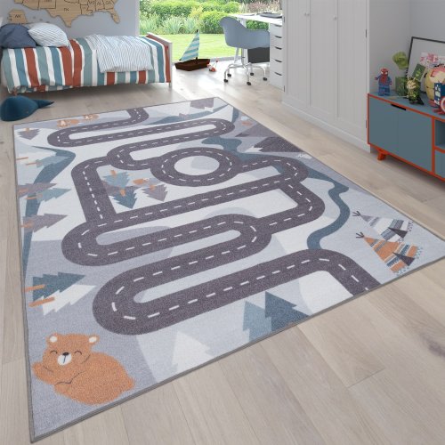 4’7x6’7 Kids Rug Mountain Road with Bears & Trees - Non Slip Playmat in Blue