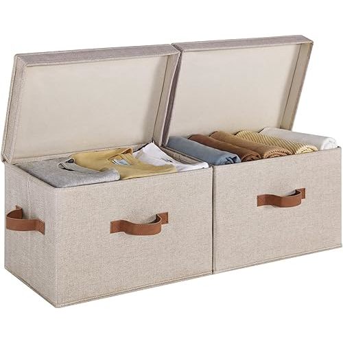 StorageWorks Fabric Storage Bins with lid, Decorative Boxes for Shelves, Closet Organizer Basket with Handles, Large, Brown and Beige, 2-Pack