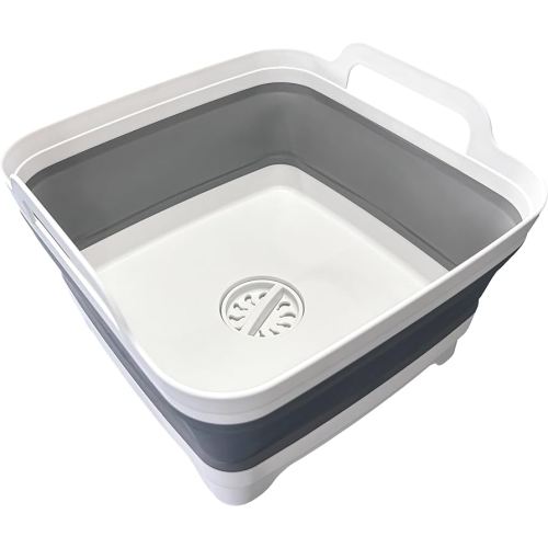 9L (2.4Gal) Dish Basin Collapsible with Drain Plug Carry Handles,Kitchen Storage Tray Dish Wash Basin, Portable Dish Tub, Foldable Dishpan for Camping,RV,Gray