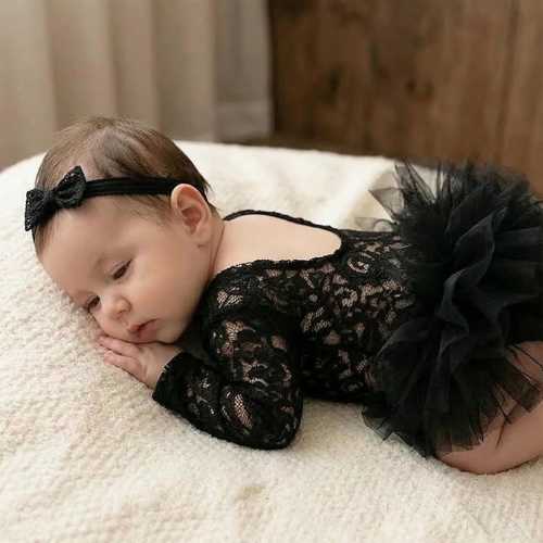 Black Newborn Photography Lace Romper Headband Set – Halloween Baby Girl Photo Outfit
