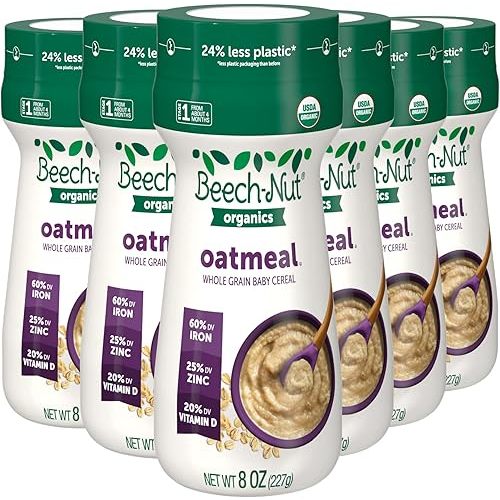 Beech-Nut Organic Baby Cereal, Oatmeal Cereal Stage 1 for Infants, 8 oz Canister (6 Pack)
