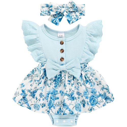 Sinhoon Baby Girl Clothes Newborn Ruffled Sleeveless Romper Floral Dreesy Bodysuit Heaedband 3pcs Baby Girl Summer Clothes