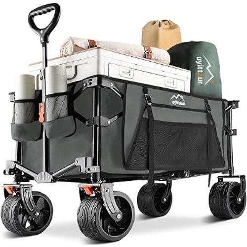 Collapsible Wagon Cart Heavy Duty Foldable, Folding Beach Wagon with Big Wheels for Sand, Utility Grocery Cart with Side Pocket and Brakes for Camping Sports Outdoor Activities, Grey