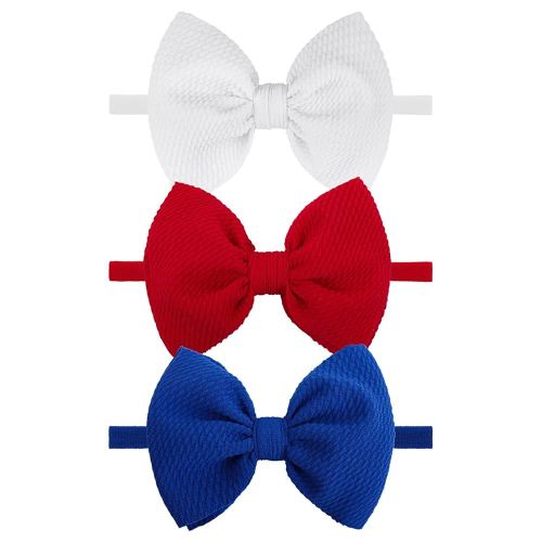 YanJie 3rd of July Hairband Nylon Baby Girl Bows with Red, White, Blue Accents - One Size Fits All Infant Toddler Headbands for Festivals, Everyday Wear, and Special Occasions - Set of 3
