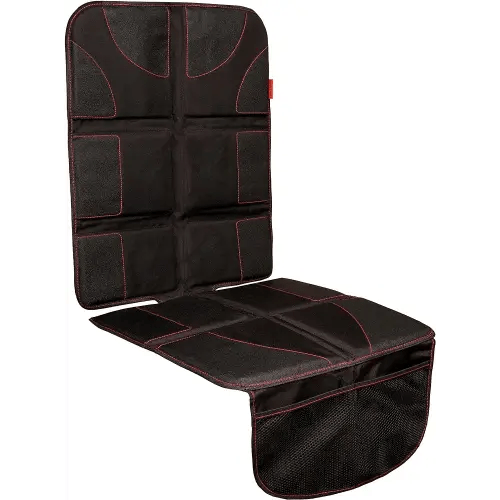 Lusso Gear Car Seat Protector for Baby Car Seat - Thick Padding, 2 Mesh Storage Pockets, Waterproof, Protects Fabric or Leather Seats, Non-Slip Padded Backing (Black with Red Stitching)