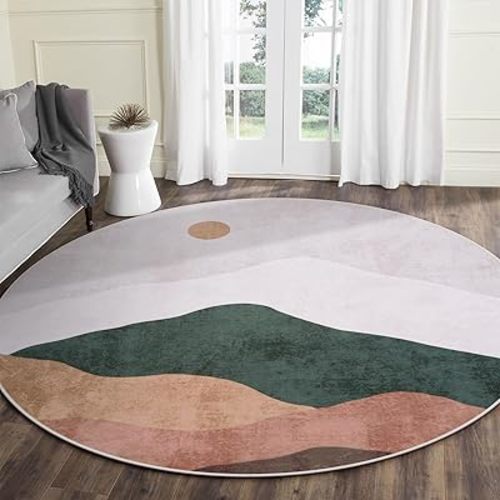 6ft Abstract Rugs for Living Room,Soft Non-Slip Washable Large Round Rug,Chic Faux Wool Mountain Low-Pile Carpets for Kidsroom/Nursery/Bedroom/Porch(Grey)