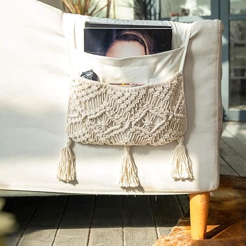 Mkono Macrame Sofa Armrest Organizer Remote Control Holder Couch Bedside Armchair Caddy Storage Basket Bag for TV Remote Control, Magazine, Books, Cell Phone, iPad, Boho Home Dorm Decor, Beige