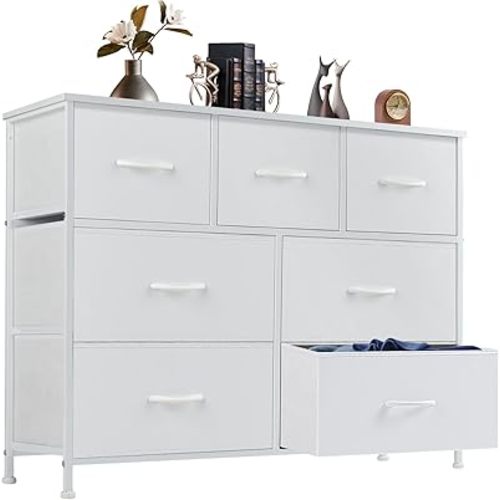 DUMOS Dresser for Bedroom with 7 Drawers, Storage Organizer Units Furniture, Chest Tower TV Stand with Fabric Bins, Metal Frame, Wooden Top for Nursery, Living Room, Kidsroom, Closet, White