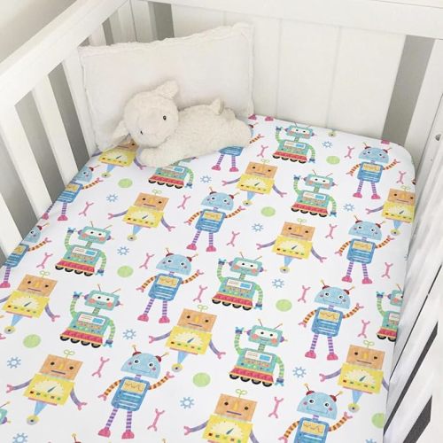 Cartoon Robots Baby Crib Sheet 52''x28'' Cute Robots Snug Fitted Crib Mattress Cover Boy Robots Nursery Bedding Baby Sheets for Boy Girl Soft Baby Bed Sheets for Standard Crib and Toddler Mattresses
