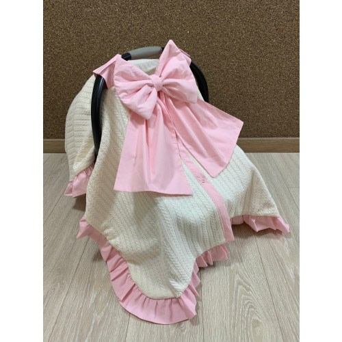 Car Seat Canopy Cover Baby Girl and with Cream Pique Fabric with Light Pink Bow&Ruffles, Personalized Car Seat Cover 100% Cotton